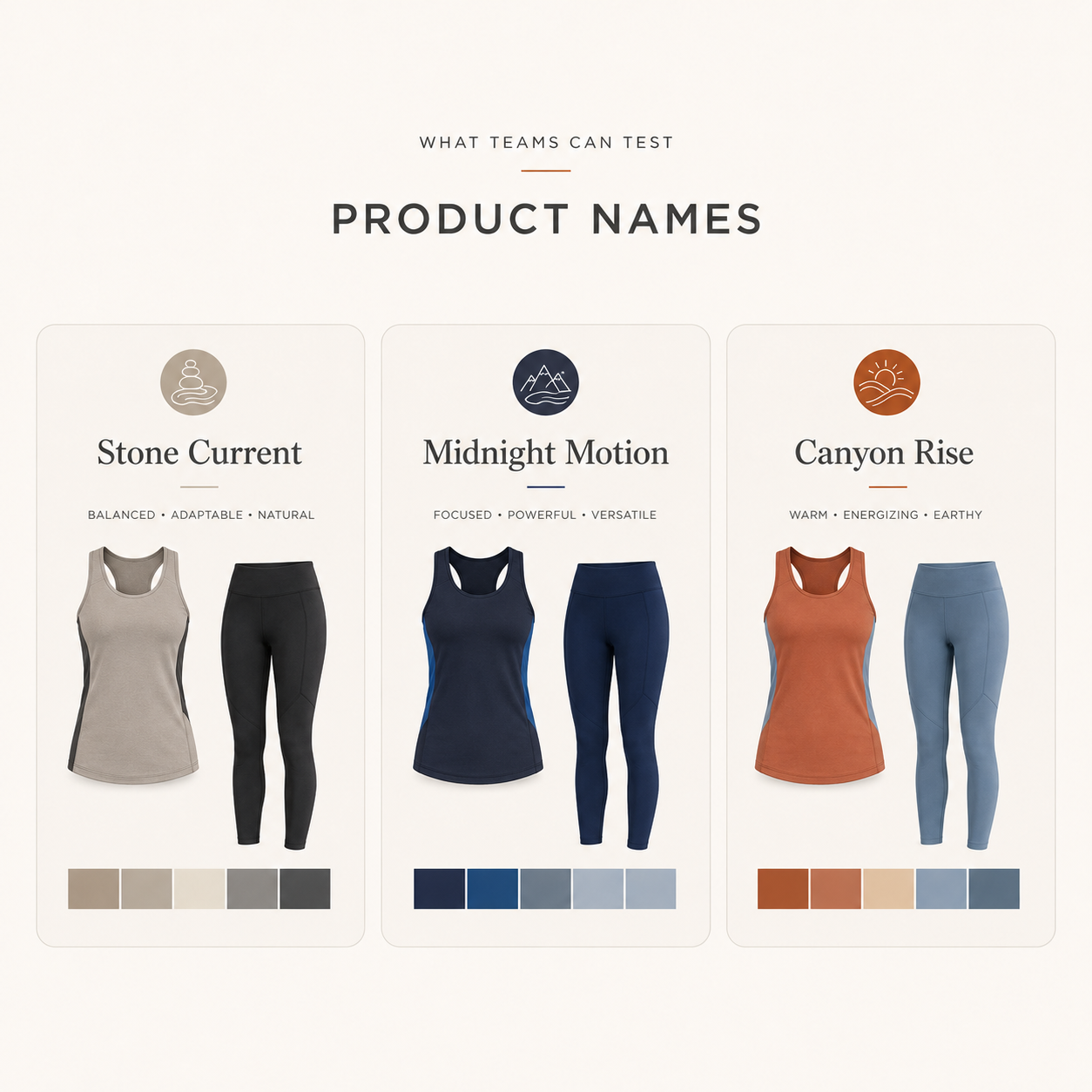 Three named product concepts with colorways