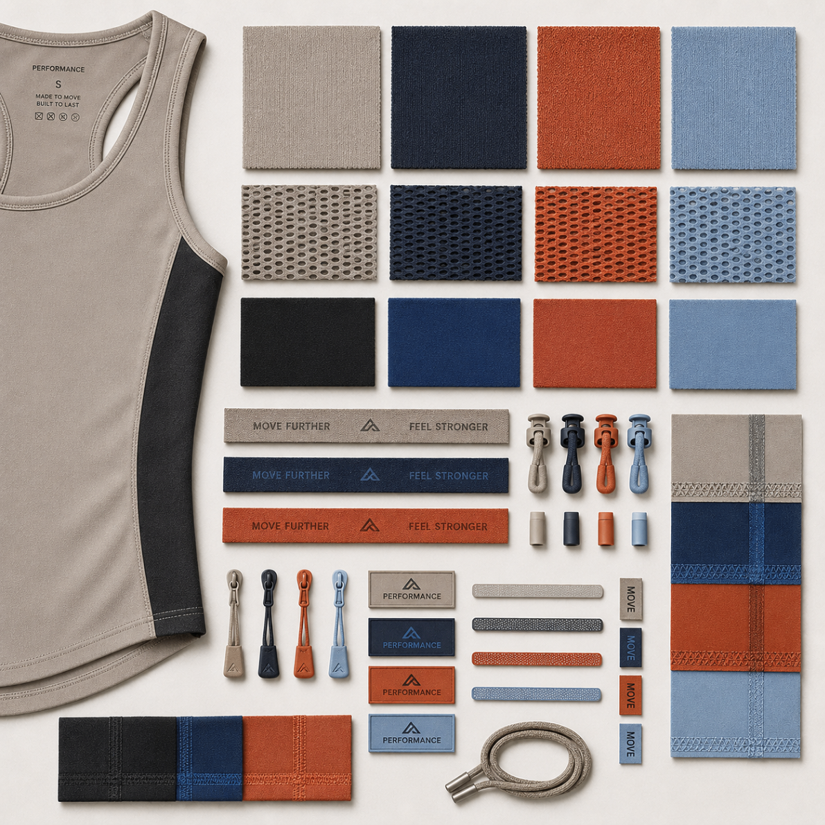 Flat lay of sneaker materials and trims