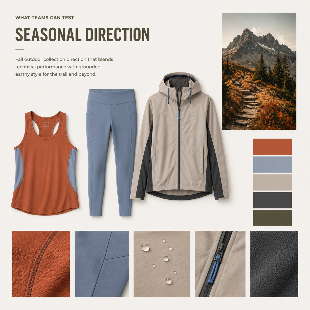 Seasonal direction moodboard with sneaker, jacket, and landscape